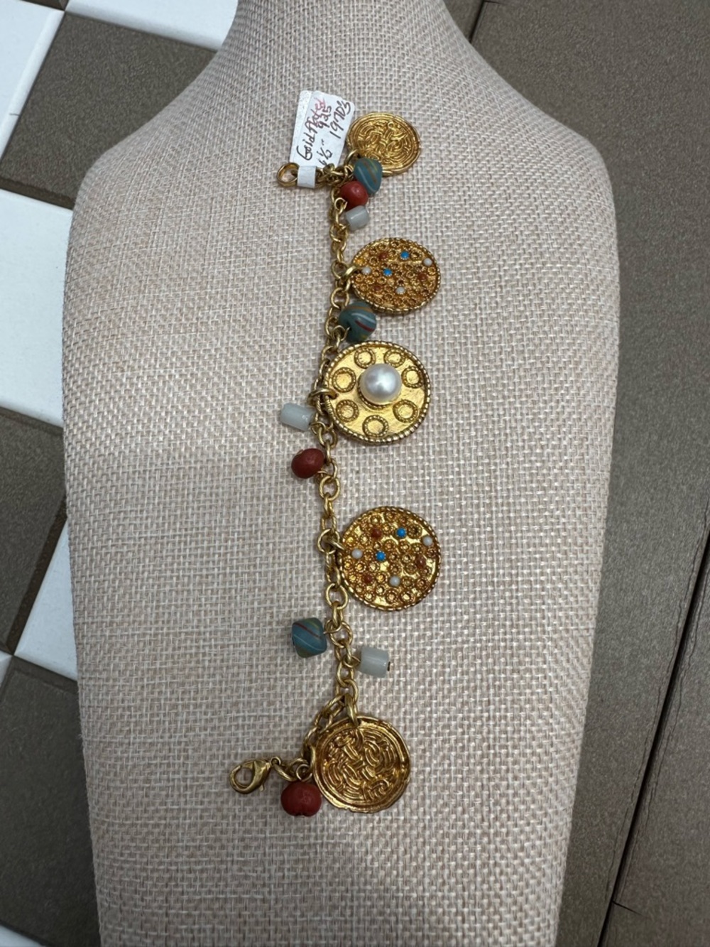Gold-Plated 925 Charm Bracelet with Multicolor Beads and Pearl Accent